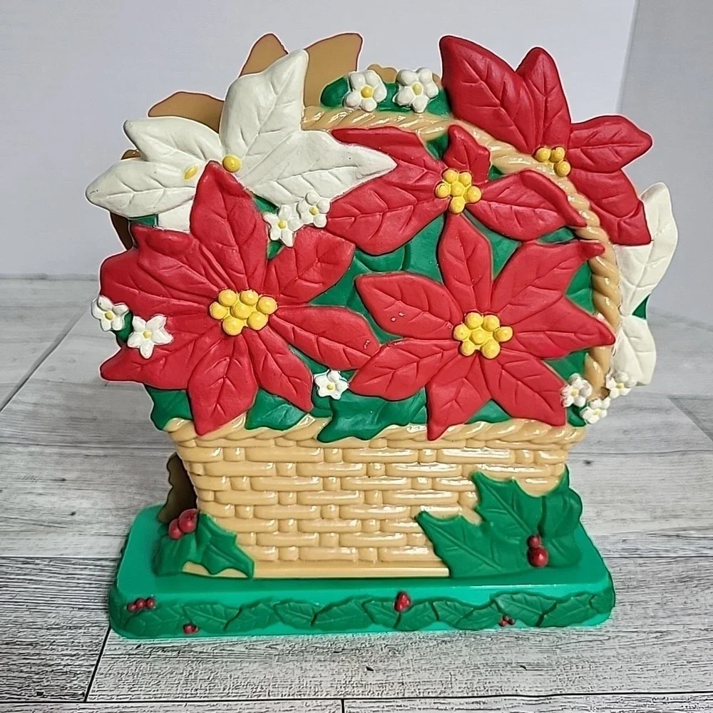 Vintage Avon Christmas Napkin Card Holder‎ POINSETTIA Basket Shape Hard Plastic